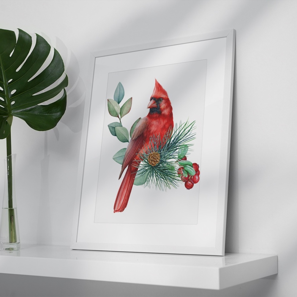 Watercolor Red Cardinal Wall Art Illustration Print Poster Unframed - Picture 4 of 14